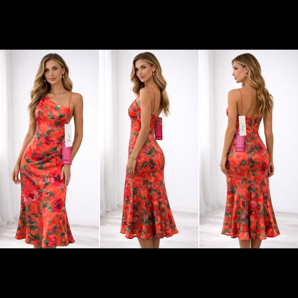 Eliza J Red-Orange Floral Spaghetti-Strap Midi Dress